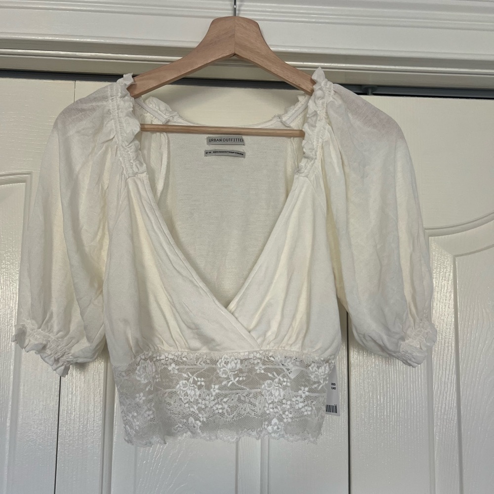 Urban Outfitters Ivory V-Neck Crop Top with Lace Detail